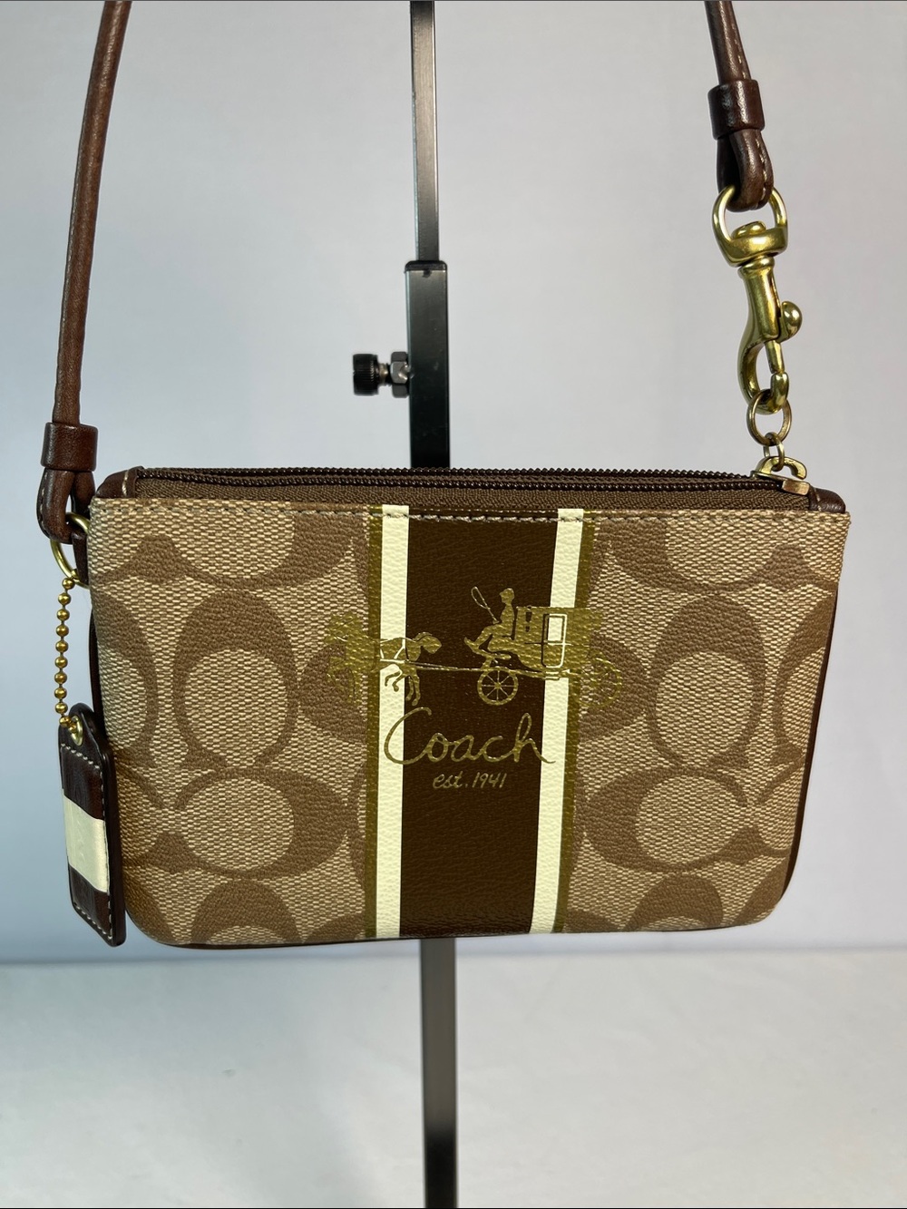 Coach Signature Stripe Wristlet Tattersall Brown Khaki 6”